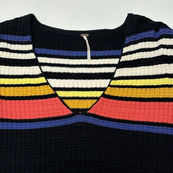 Free People Gidget Sweater Mini Dress Knit Black Striped SMALL V Neck Retro Boho - Picture 7 of 11